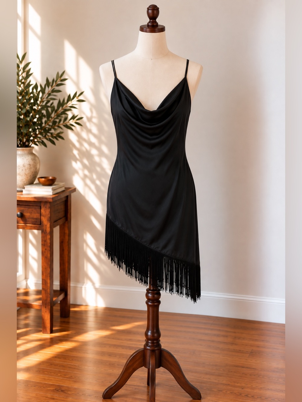 Satin Fringe Slip Black Dress Cowl Neck Y2K 90s Party Cocktail Large